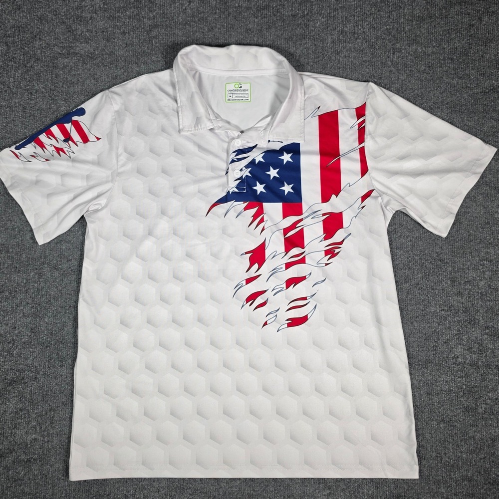 Obnoxious Golf Mens White American Flag Hexagon Polo Shirt Size M Patriotic